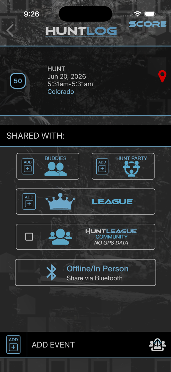 HuntLeague sharing controls — buddies, party, league, community with no GPS data