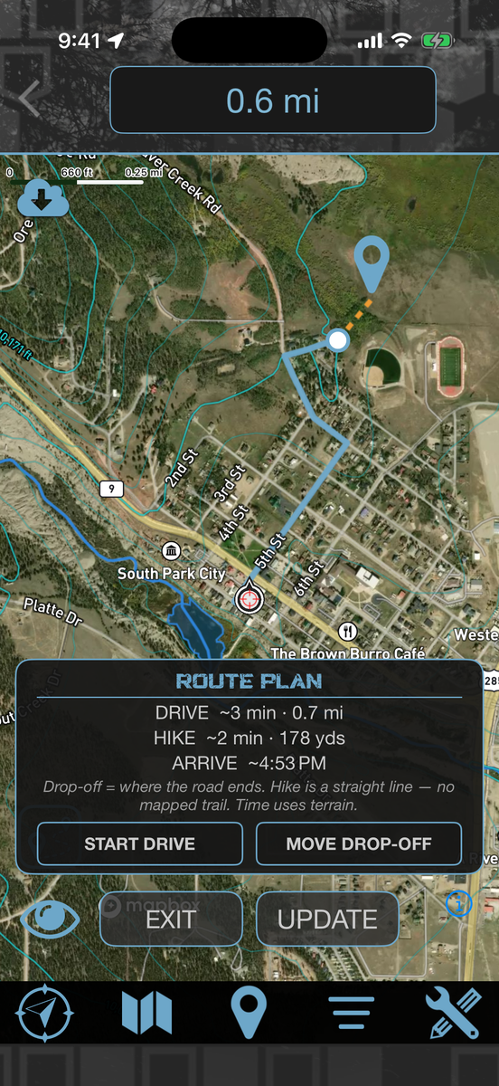 Route Plan card showing a drive leg, a hike leg and an arrival time
