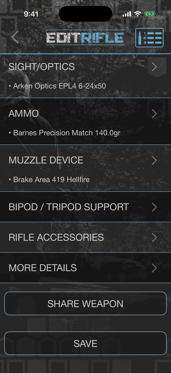 Rifle builder showing action, barrel, trigger, stock, optics, ammo and accessories