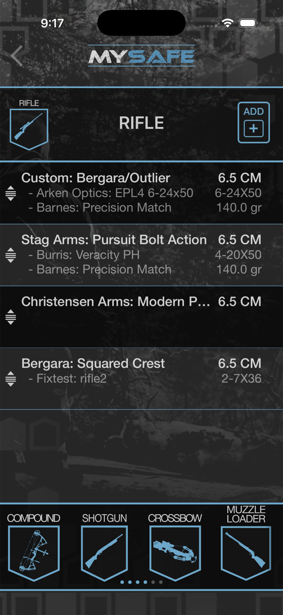 HuntLeague rifle list with optics and ammo per rifle