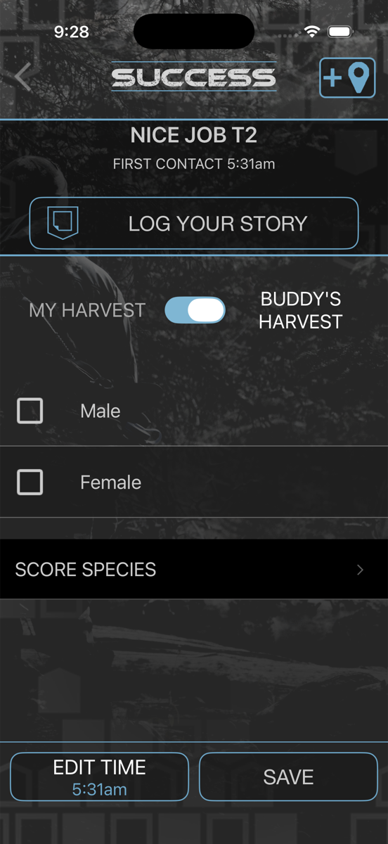 HuntLeague success screen for logging a harvest