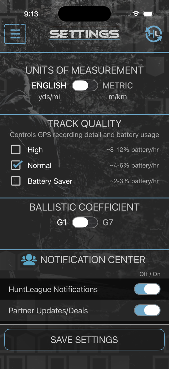 HuntLeague settings — units, track quality, ballistic coefficient