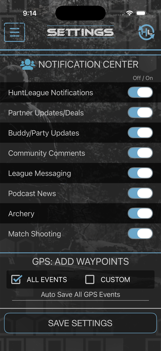 HuntLeague notification center settings