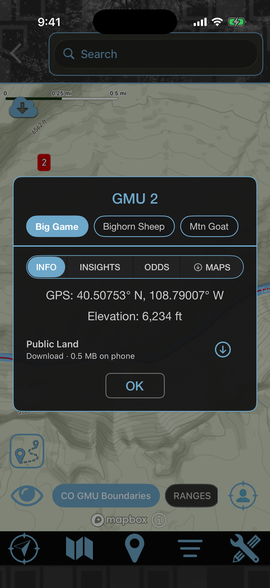 The map after a double-tap, with a card naming the hunting unit and offering its offline maps