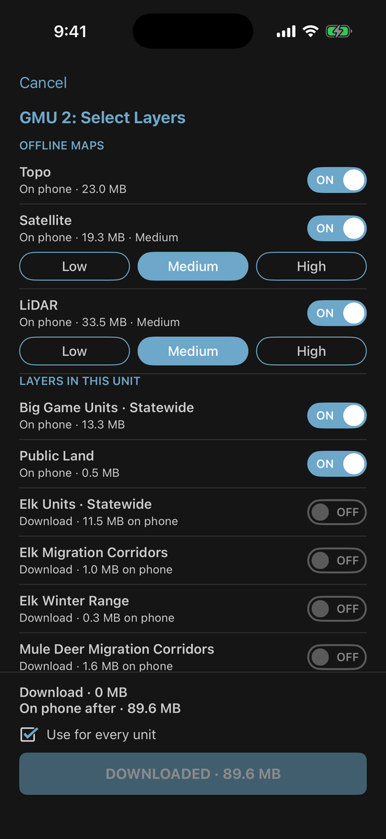 GMU 2 Select Layers page after downloading, each map on the phone and switched on, button reading DOWNLOADED 89.6 MB