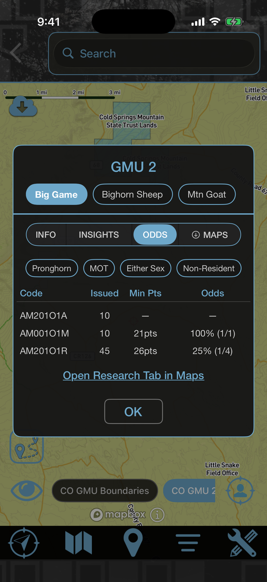 Draw odds for Colorado GMU 2 pronghorn showing tags issued, minimum points and odds by hunt code