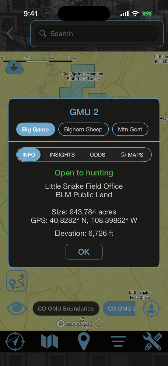 Unit info panel showing the managing office, acreage, elevation and whether it is open to hunting