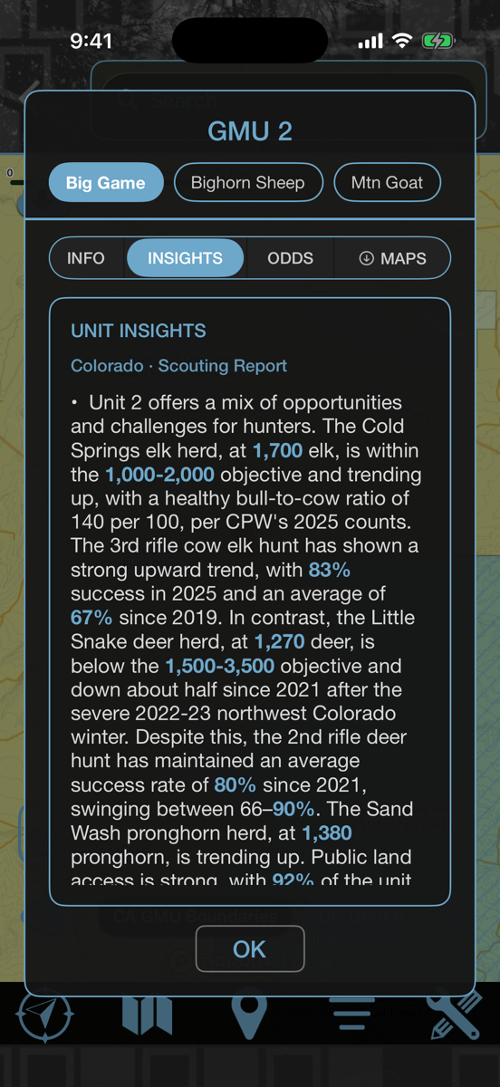 Unit insights for Colorado GMU 2 with herd objectives, success rates and public land access