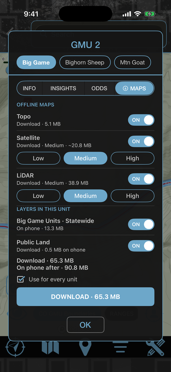The GMU 2 card after a double-tap, on its MAPS tab, listing Topo, Satellite, LiDAR and the unit's layers with one DOWNLOAD button showing 65.3 MB