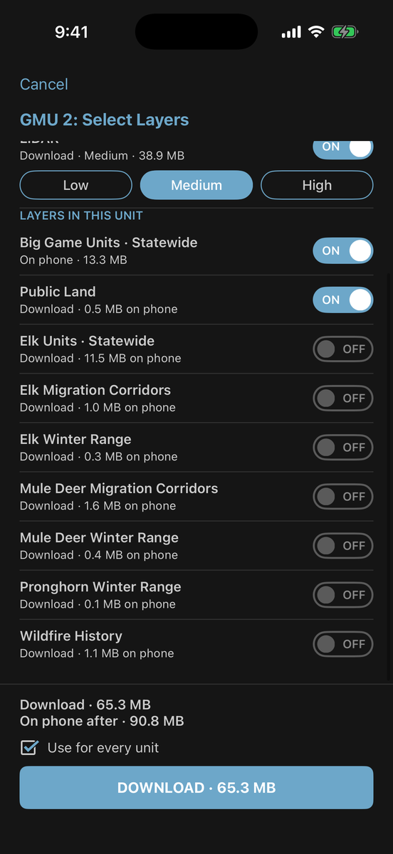 GMU 2 Select Layers page scrolled to optional layers such as elk winter range, migration corridors and wildfire history