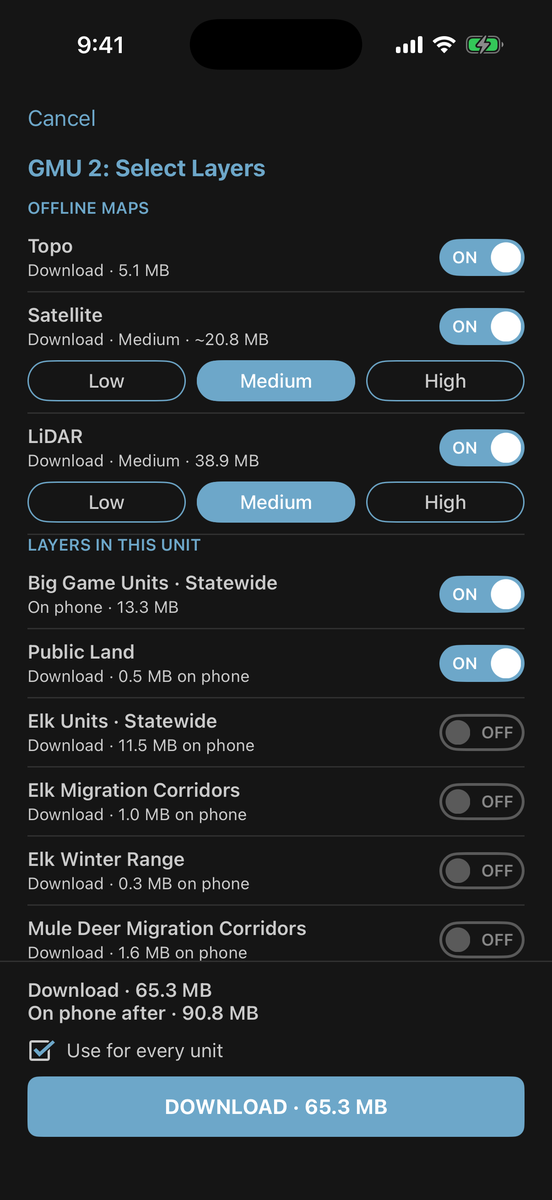 GMU 2 Select Layers, the full-screen unit page, with the default maps on and DOWNLOAD 65.3 MB