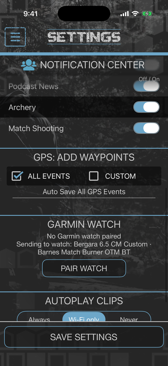 HuntLeague settings screen showing the Garmin watch card with the rifle being sent to the watch