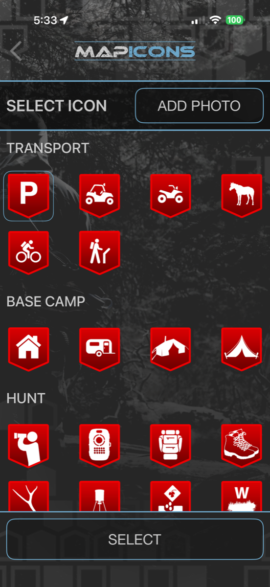 HuntLeague waypoint icon picker with the red waypoint icon