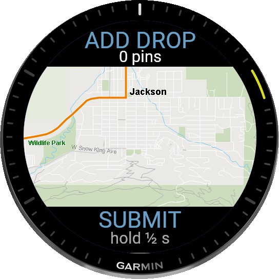 Garmin watch blood trail map with a pin count and a submit prompt
