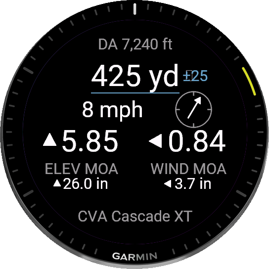 HL Ballistics on a Garmin watch showing a range, wind and holds