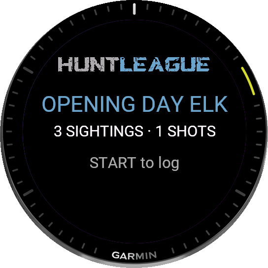 Garmin watch showing an active opening day elk hunt with sighting and shot counts