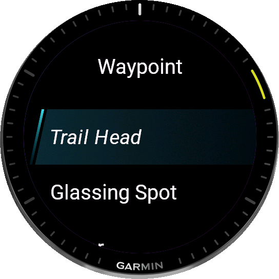 Garmin watch waypoint type list showing trail head and glassing spot