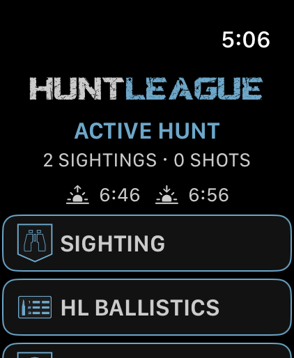 HuntLeague on Apple Watch showing an active hunt with two sightings logged