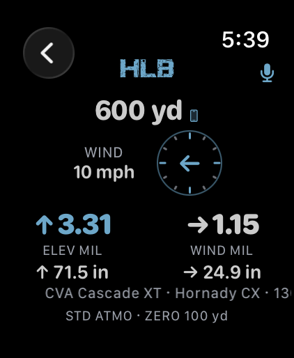 HL Ballistics on Apple Watch showing a 600 yard call at 10 miles per hour with elevation and wind holds in MIL