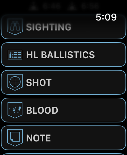 Apple Watch list showing sighting, HL Ballistics, shot, blood and note buttons