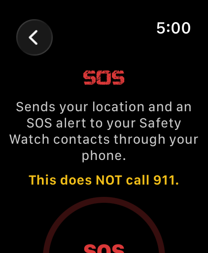 Apple Watch SOS screen stating plainly that it does not call 911