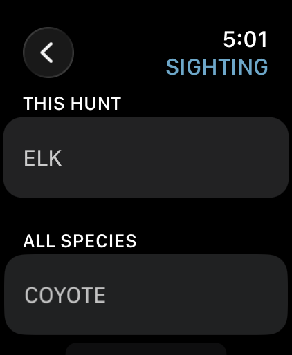 Apple Watch species picker with the hunt's species listed first